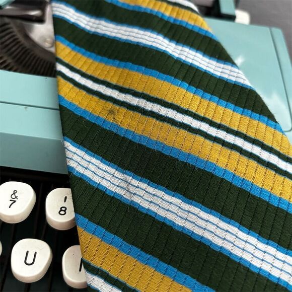 Vintage Resilio Men's Striped Tie Green Gold White Blue Classic Length - Picture 3 of 3
